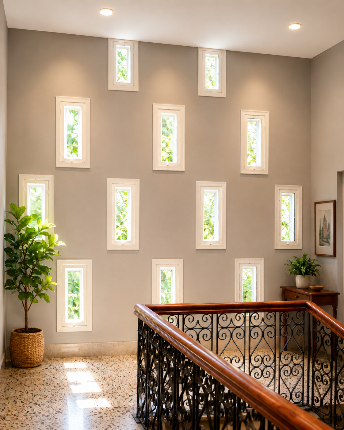 Upper landing hallway with 12 tall vertical windows flooding the space with natural light