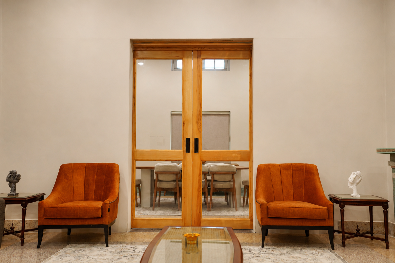 Lounge with orange velvet armchairs